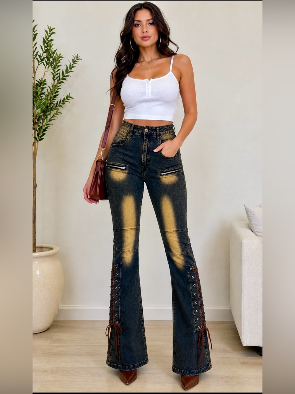 Fashion Nova Dark Wash Lace-Up Flare Jeans Size 13
